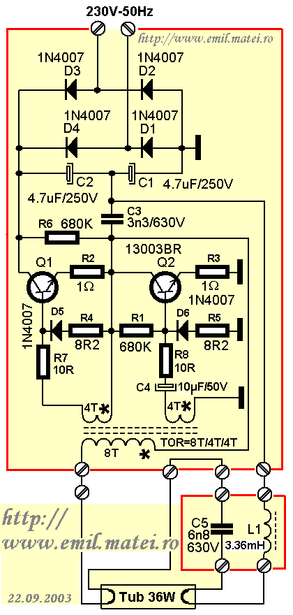 Schema electrica balast electronic pentru lampi fluorescente de 36W
