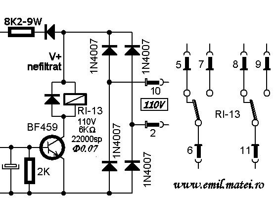 Temporizator MET-13 la 110V (circuitul releului intern)