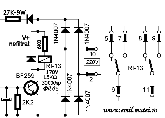Temporizator MET-13 la 220V (circuitul releului intern)